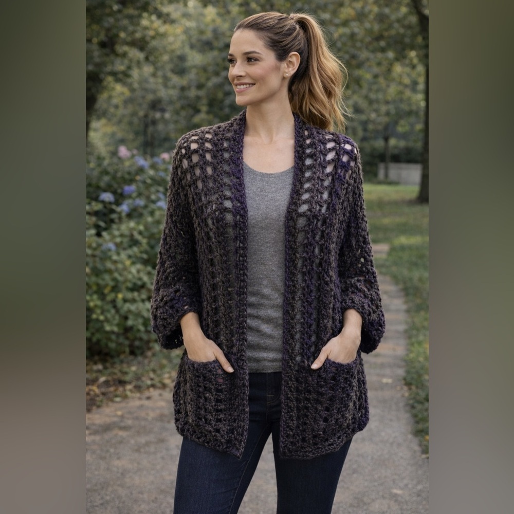Elegant Open-Front Knit Shrug - Hand Made Dark Gray & Purple Sz M/L